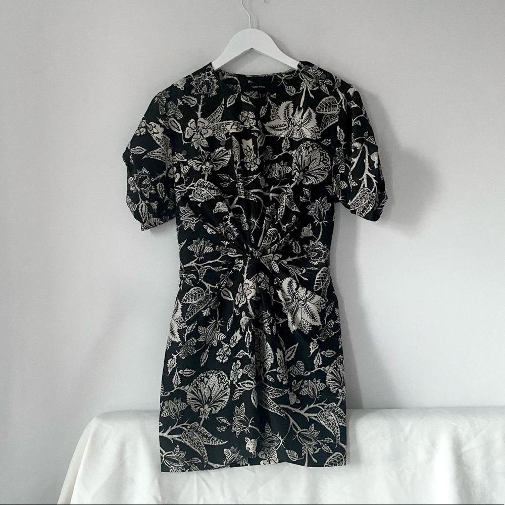 ISABEL MARANT Black and Ivory Floral Silk Dress 38